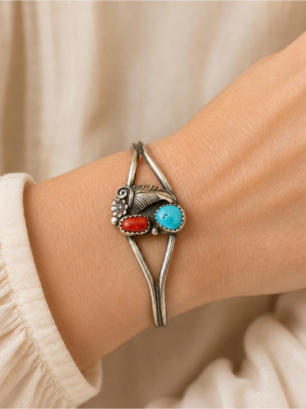 Vintage Sterling Silver Navajo Turquoise and Coral Southwestern Bracelet
